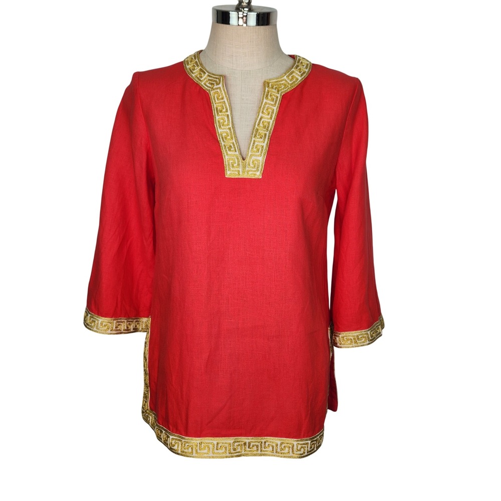 Lilly Pulitzer Red Linen Tunic Top Gold Greek Key‎ Embroidery Womens Medium